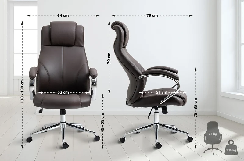 Fauteuil de bureau sur roulettes avec accoudoirs forme ergonomique en véritable cuir marron et métal chromé 10_0002643