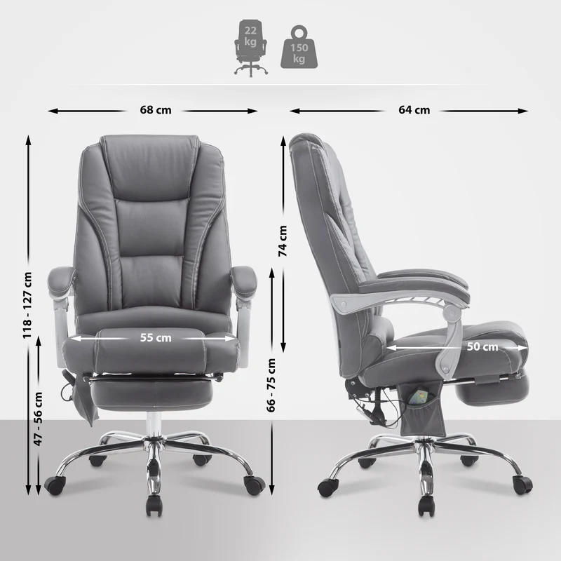 Fauteuil de bureau avec fonction massage repose-pieds dossier inclinable en PVC gris 10_0002584