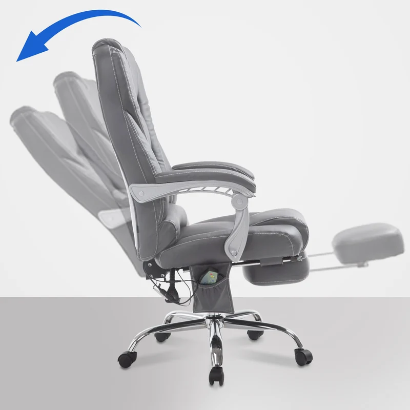 Fauteuil de bureau avec fonction massage repose-pieds dossier inclinable en PVC gris 10_0002584