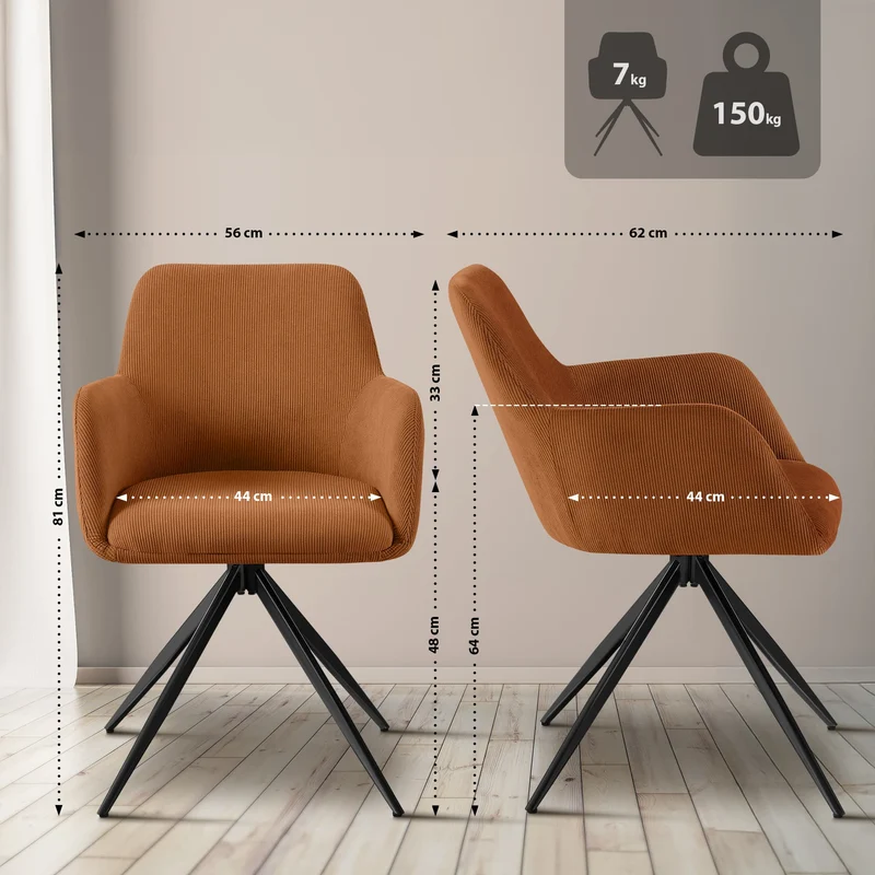 Chaise contemporaine de salle à manger x1 en velours côtelé orange pivotante 180° avec accoudoirs 10_0005867