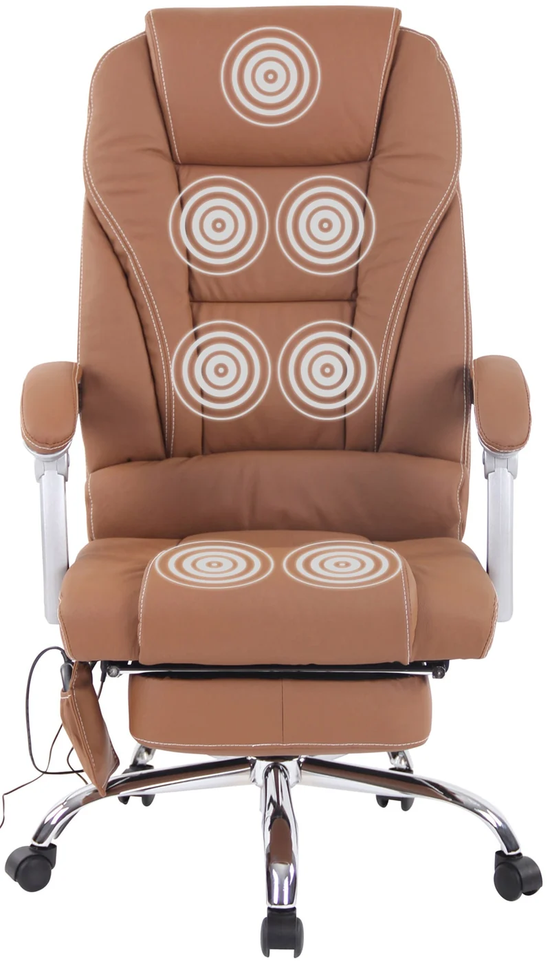 Fauteuil de bureau ergonomique fonction massage avec repose-pieds extensible accoudoirs en véritable cuir marron et métal 10_0006983
