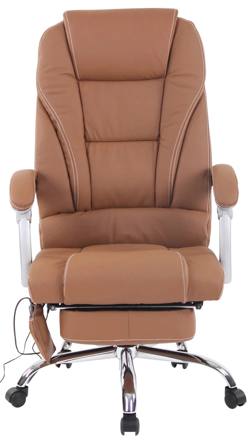 Fauteuil de bureau ergonomique fonction massage avec repose-pieds extensible accoudoirs en véritable cuir marron et métal 10_0006983