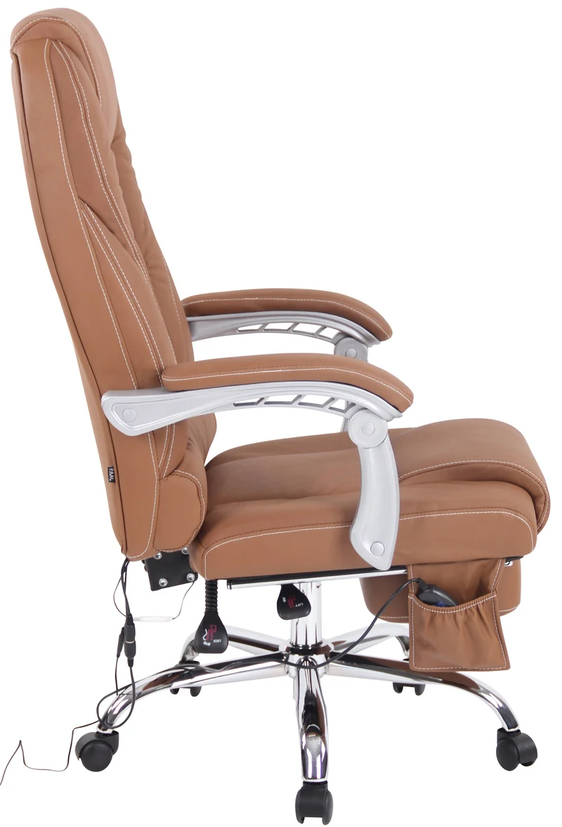 Fauteuil de bureau ergonomique fonction massage avec repose-pieds extensible accoudoirs en véritable cuir marron et métal 10_0006983