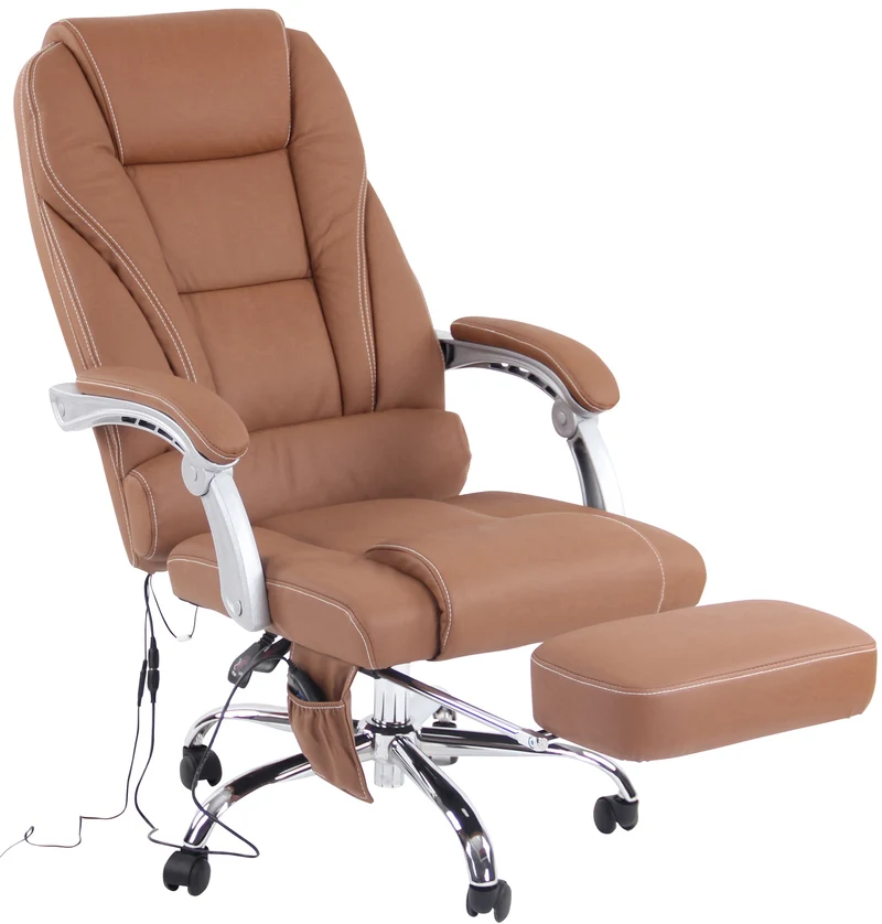 Fauteuil de bureau ergonomique fonction massage avec repose-pieds extensible accoudoirs en véritable cuir marron et métal 10_0006983