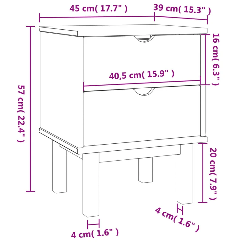 Table de chevet avec deux tiroirs 45 x 39 x 57cm bois pin massif blanc et marron DEC034541