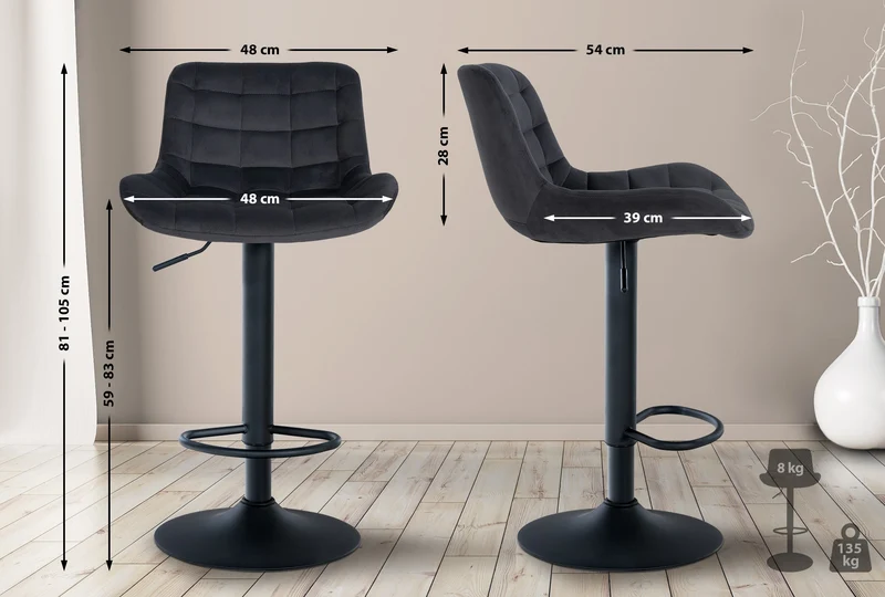 Tabouret de bar x1 en velours noir avec surpiqûres décoratives carrées cadre métal noir avec repose-pieds 10_0006205