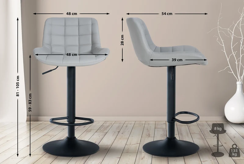 Lot de 2 tabourets de bar structure métallique noir assise en PVC gris avec surpiqûres 10_0004443