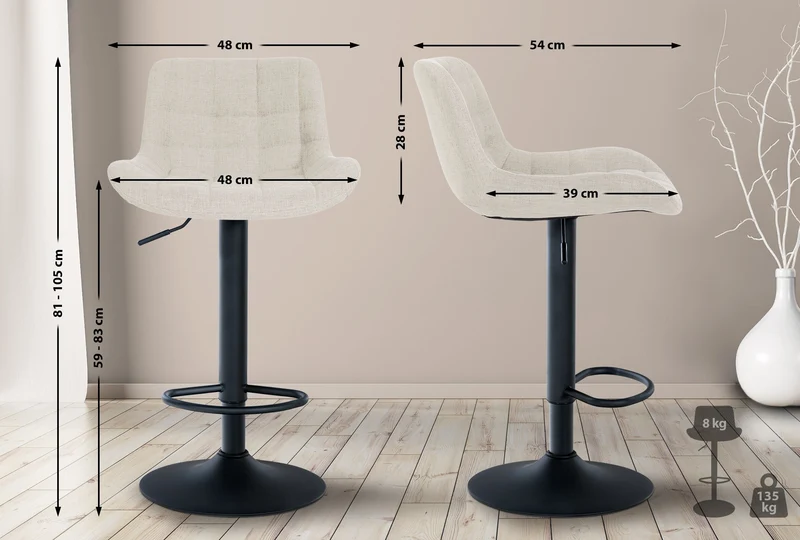 Tabouret de bar x1 en tissu crème avec surpiqûres décoratives carrées cadre métal noir avec repose-pieds 10_0005622