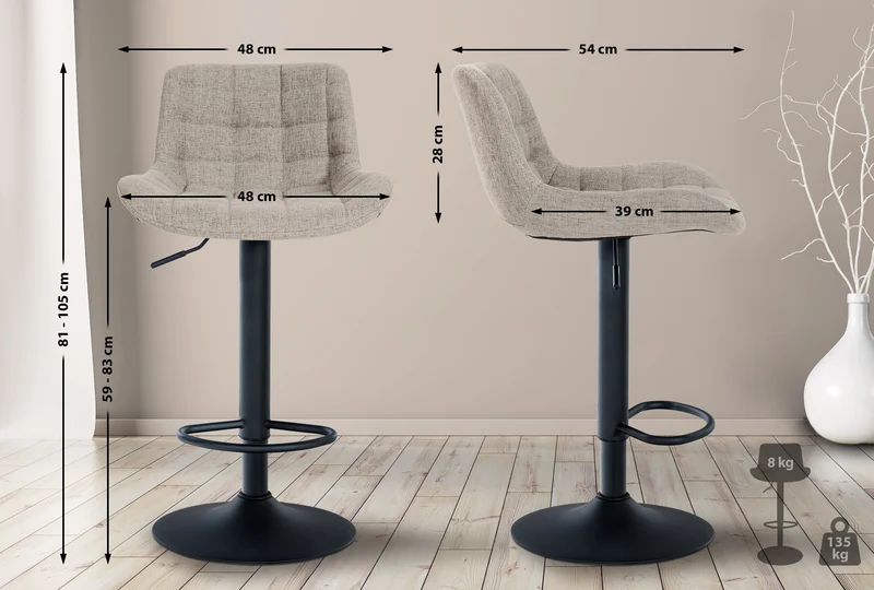 Tabouret de bar x1 structure métallique noir assise en tissu taupe avec surpiqûres 10_0005448