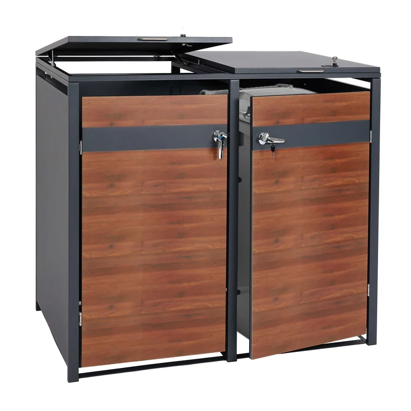 Lot de 2 caisses de rangement pour poubelles Structure en métal anthracite avec portes en imitation bois de cerisier – Extensible – 50 kg 04_0006995