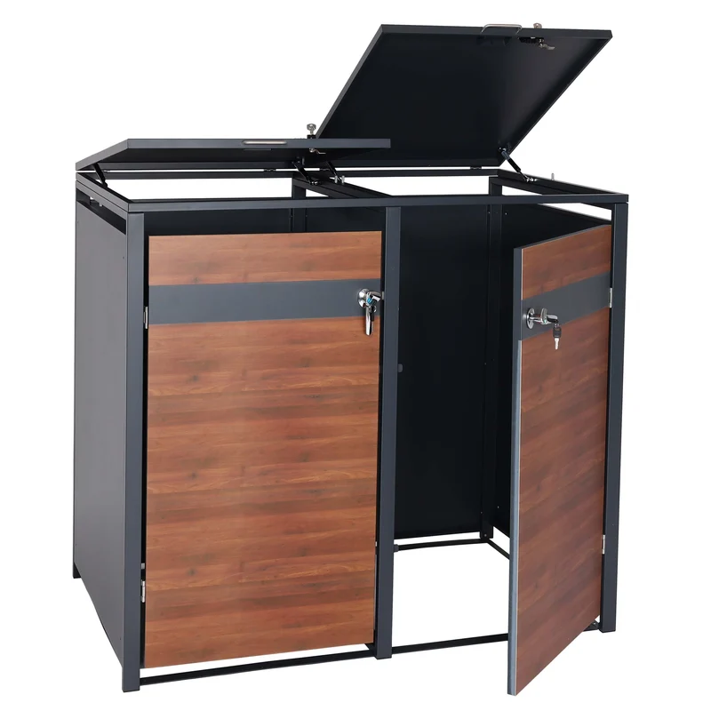 Lot de 2 caisses de rangement pour poubelles Structure en métal anthracite avec portes en imitation bois de cerisier – Extensible – 50 kg 04_0006995