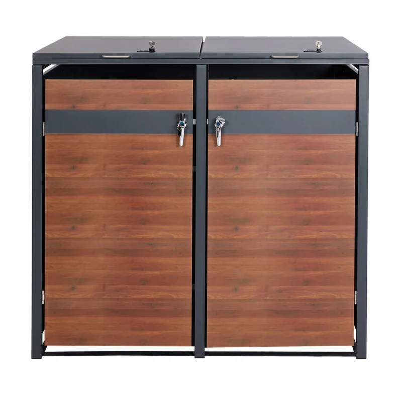 Lot de 2 caisses de rangement pour poubelles Structure en métal anthracite avec portes en imitation bois de cerisier – Extensible – 50 kg 04_0006995