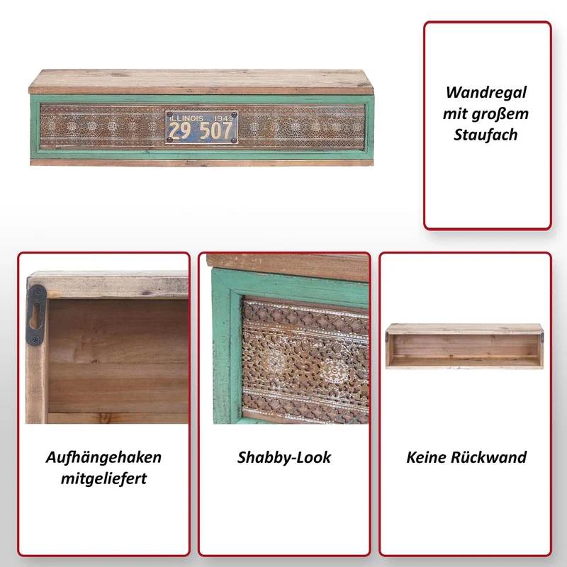 Étagère murale étagère suspendue en bois massif de pin style vintage patchwork 65 x 16 x 13 cm 04_0006787