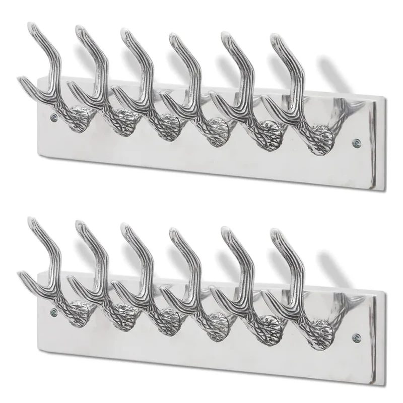 Lot de 2 portes-manteaux mural en aluminium argenté avec 6 crochets 49x9x18 cm DEC024206