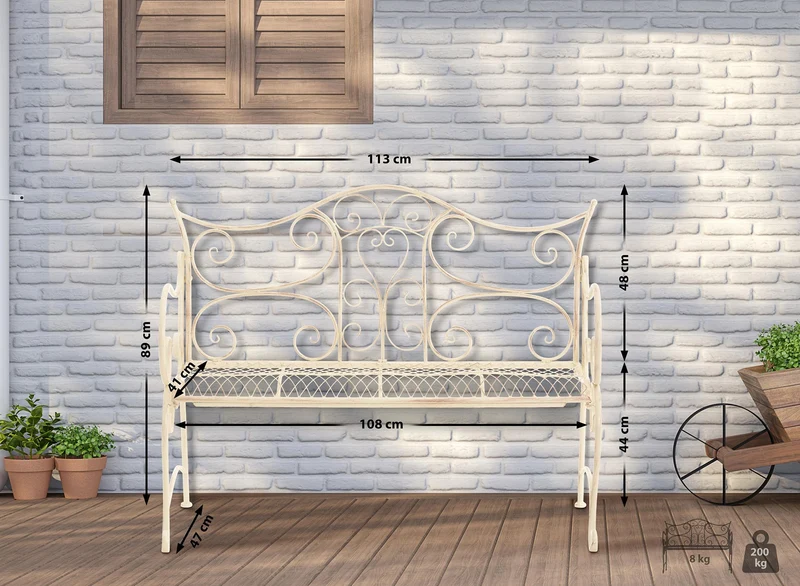 Banc de jardin avec accoudoirs design rustique largeur 113 cm en métal crème vieilli 10_0002946