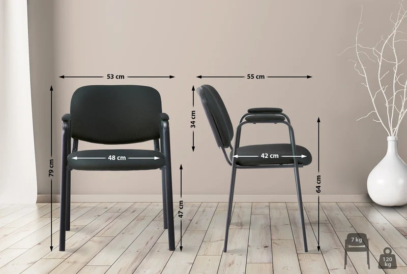 Chaise visiteur avec accoudoirs intégrés zone d'attente en tissu noir piètement à 4 pieds en métal noir 10_0003383