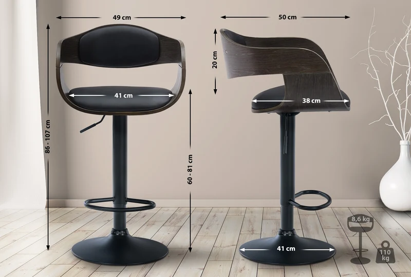 Tabouret de bar x1 design scandinave en PVC noir et structure en bois gris pieds métal noir 10_0005037