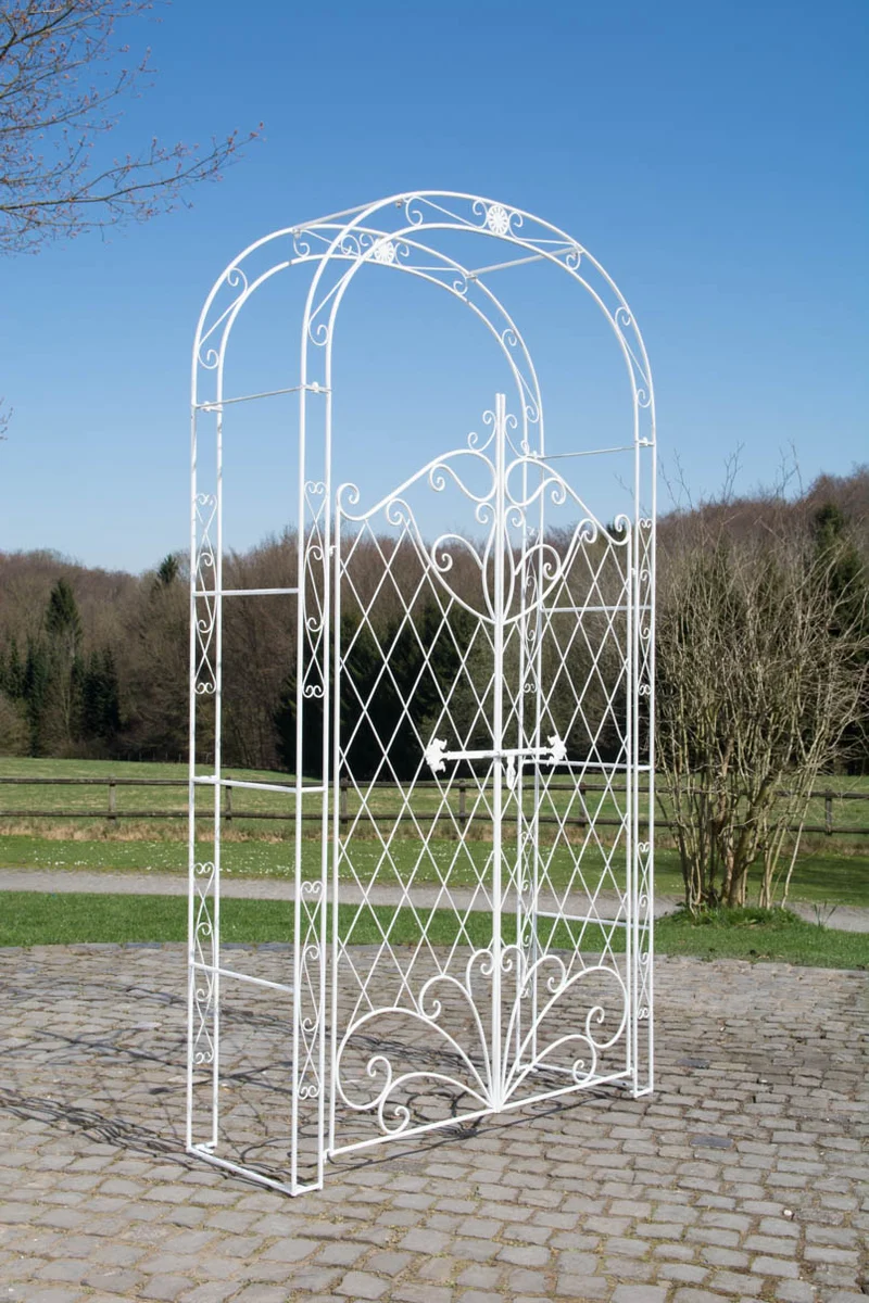 Arche à rosiers avec deux portes plantes grimpantes décoration jardin 220x120 cm en métal blanc vieilli 10_0003953