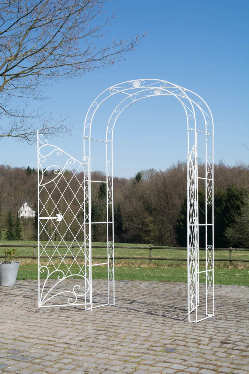 Arche à rosiers avec deux portes plantes grimpantes décoration jardin 220x120 cm en métal blanc vieilli 10_0003953