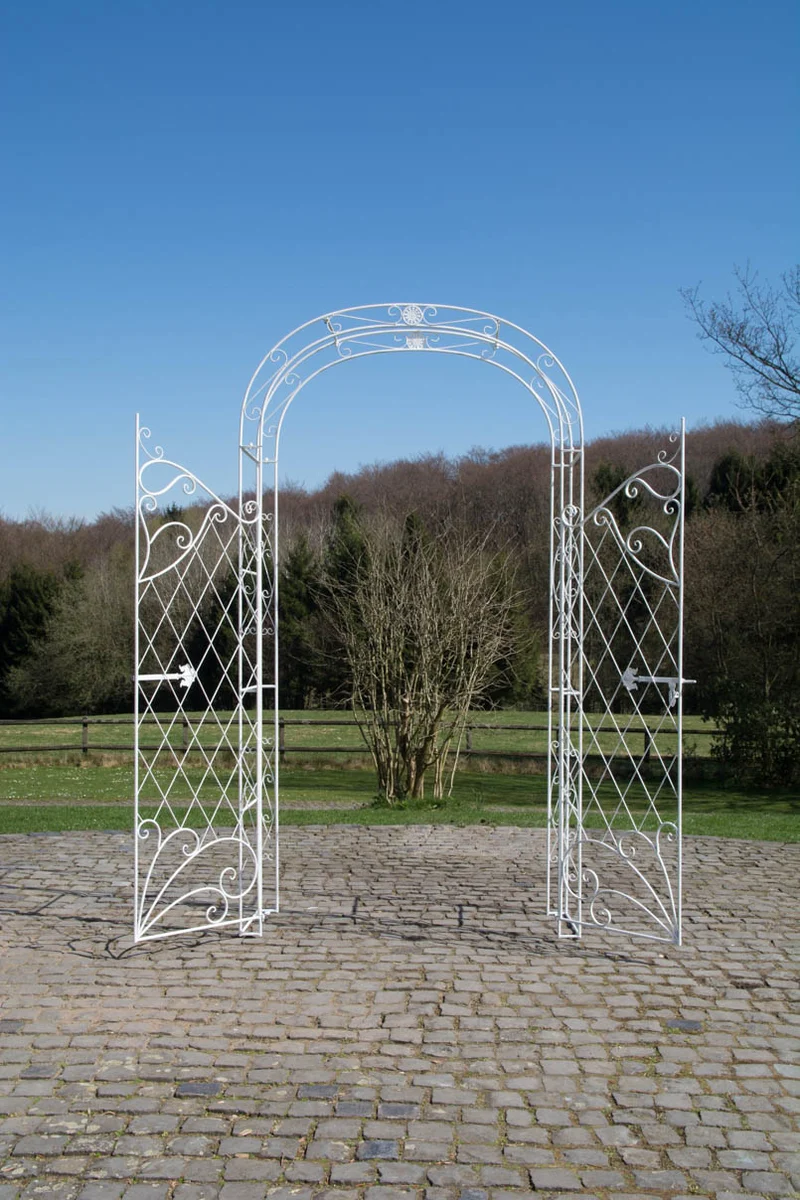 Arche à rosiers avec deux portes plantes grimpantes décoration jardin 220x120 cm en métal blanc vieilli 10_0003953