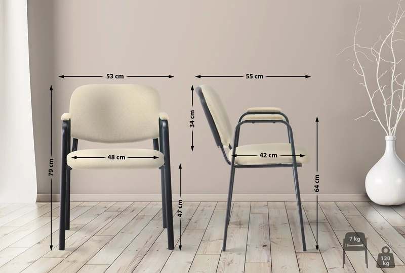 Chaise visiteur avec accoudoirs intégrés zone d'attente en tissu crème piètement à 4 pieds en métal noir 10_0003387