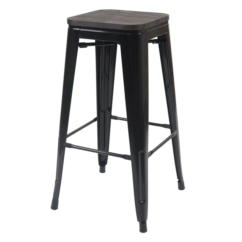 Lot de 4 tabourets de bar empilable design industriel siège en bois et cadre en métal noir 04_0007579