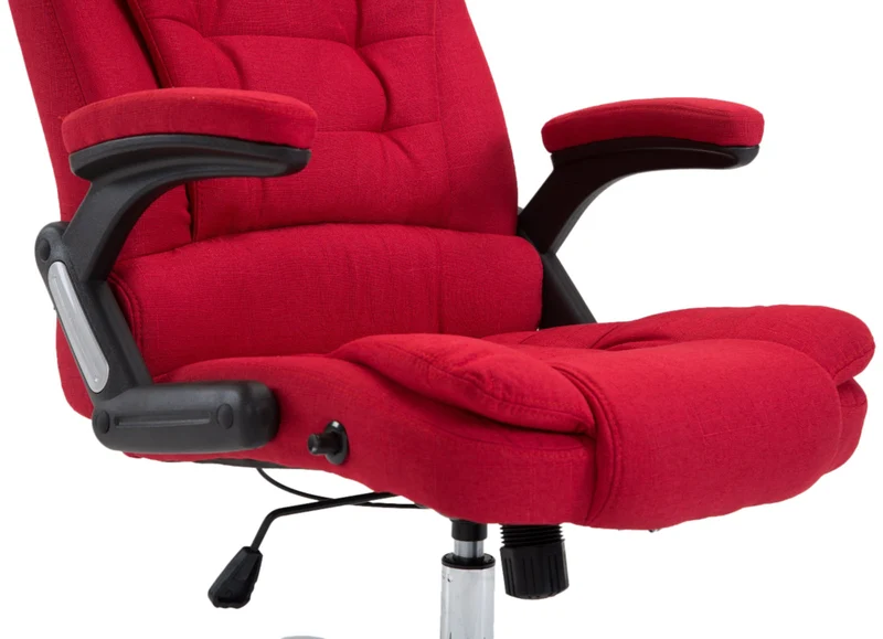 Fauteuil de bureau XXL sur roulettes confortablement rembourrés avec accoudoirs en tissu rouge et métal chromé 10_0002666