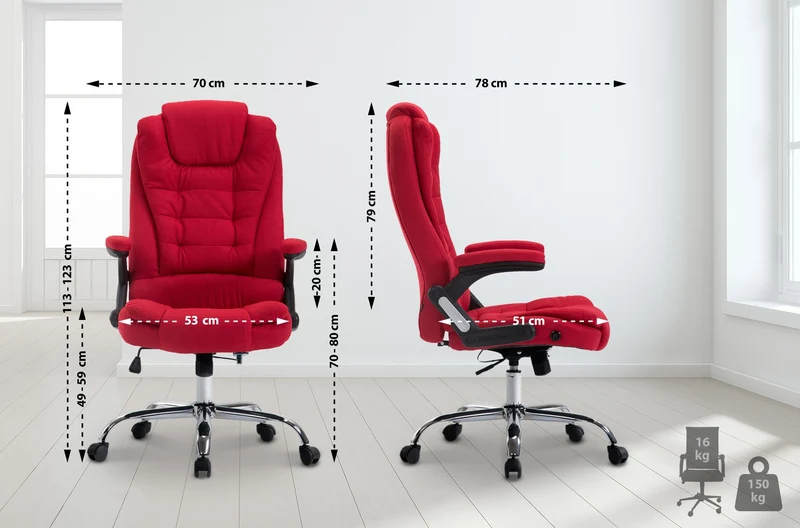 Fauteuil de bureau XXL sur roulettes confortablement rembourrés avec accoudoirs en tissu rouge et métal chromé 10_0002666