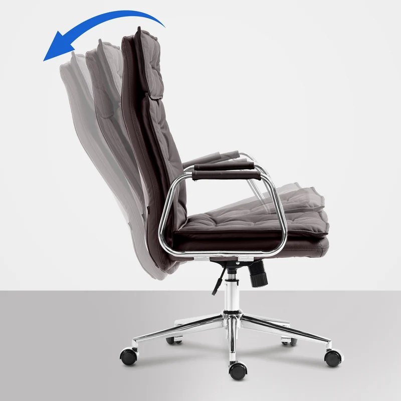 Fauteuil de bureau capitonné rembourrage épais en véritable cuir marron et pieds métal chromé 10_0002645