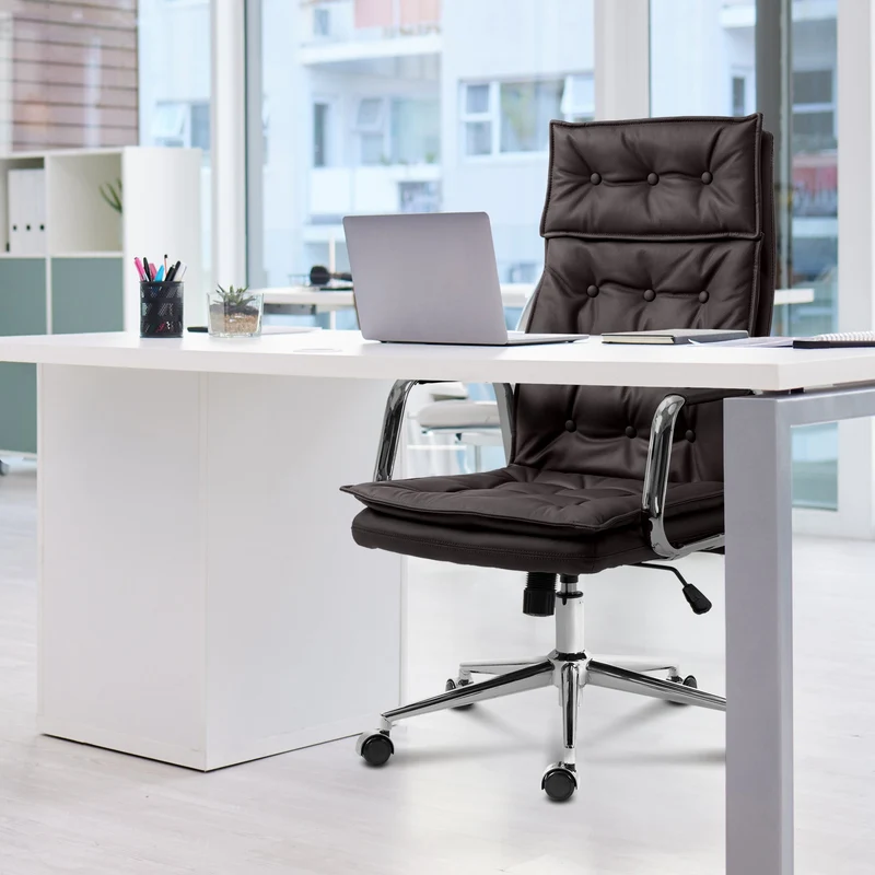 Fauteuil de bureau capitonné rembourrage épais en véritable cuir marron et pieds métal chromé 10_0002645