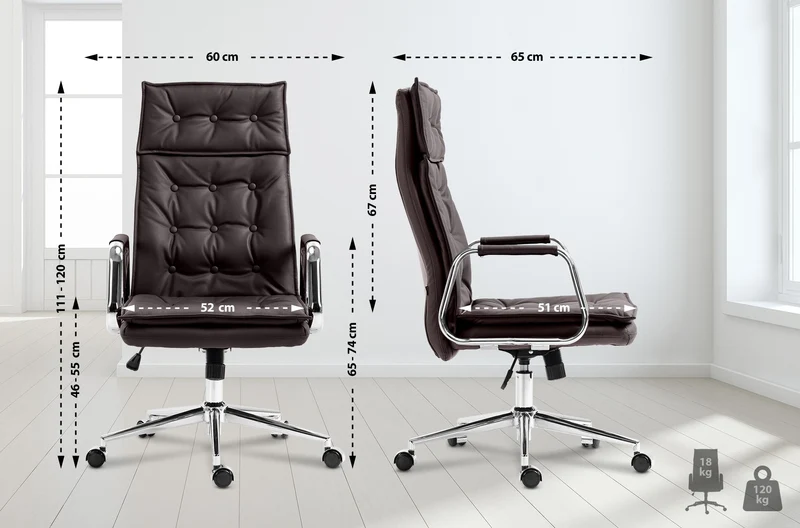 Fauteuil de bureau capitonné rembourrage épais en véritable cuir marron et pieds métal chromé 10_0002645