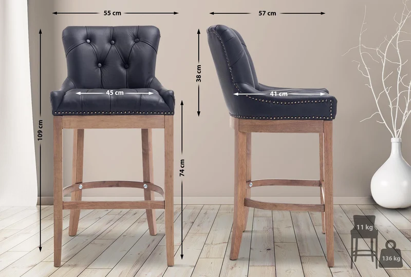 Tabouret de bar x1 confortable design rétro assise capitonné en véritable cuir noir pieds en bois clair 10_0005057