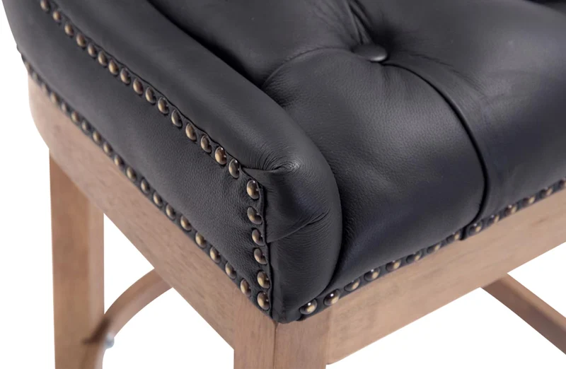 Tabouret de bar x1 confortable design rétro assise capitonné en véritable cuir noir pieds en bois clair 10_0005057