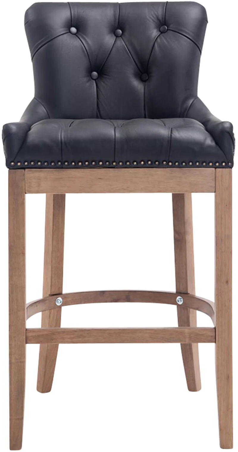 Tabouret de bar x1 confortable design rétro assise capitonné en véritable cuir noir pieds en bois clair 10_0005057