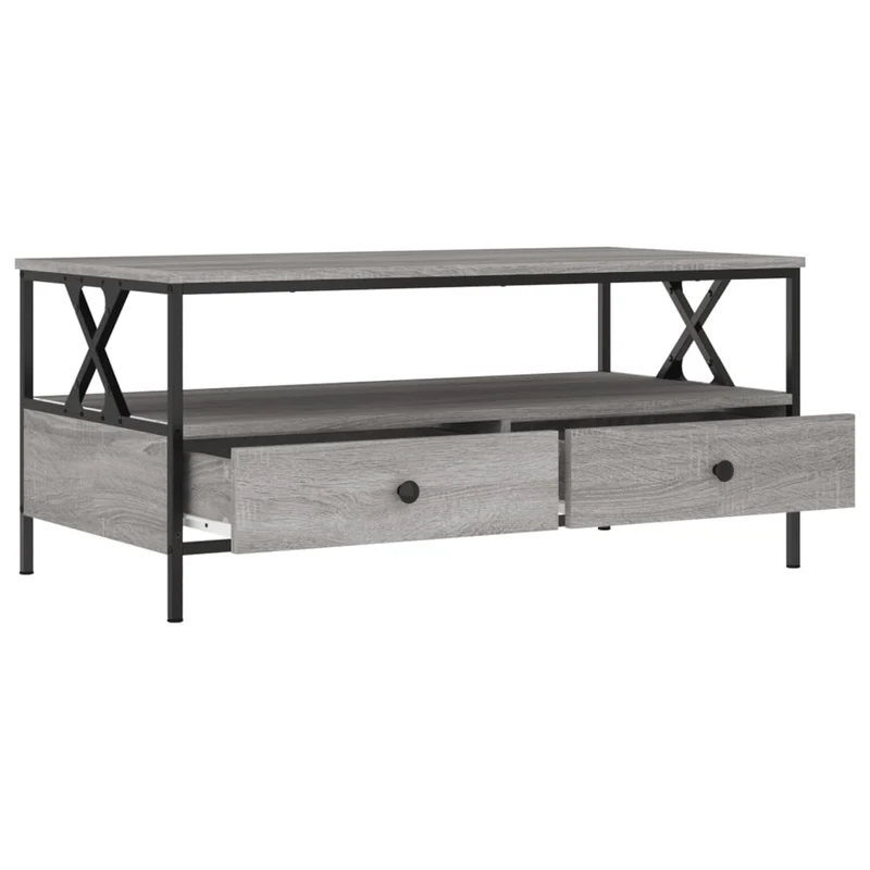 Table basse avec 2 tiroirs et 1 étagère 100 x 51 x 45 cm bois d'ingénierie gris et métal DEC039963