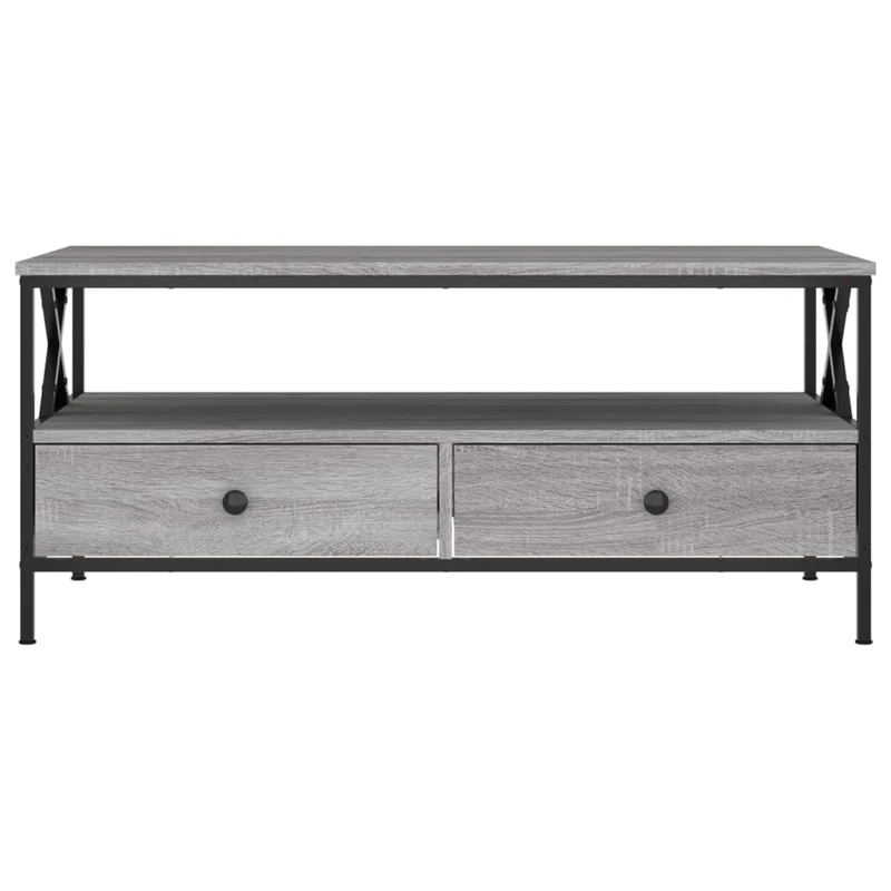 Table basse avec 2 tiroirs et 1 étagère 100 x 51 x 45 cm bois d'ingénierie gris et métal DEC039963