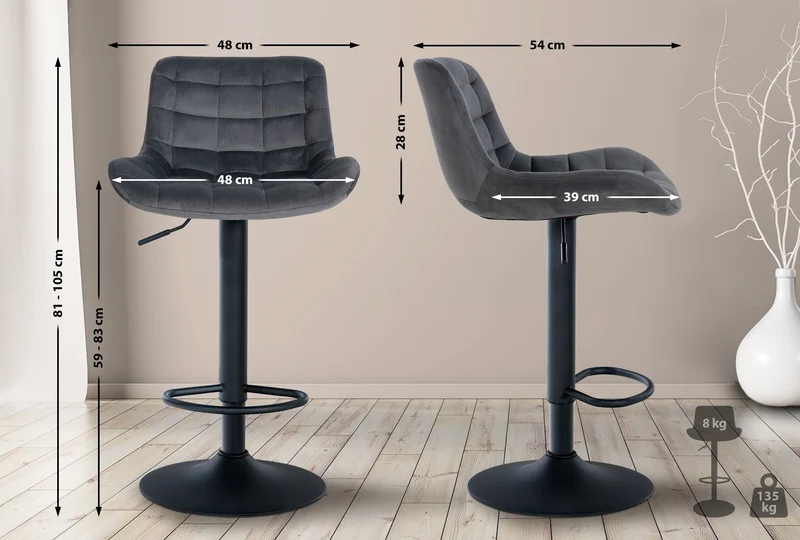 Tabouret de bar x1 structure métallique noir assise en velours gris foncé avec surpiqûres 10_0005447