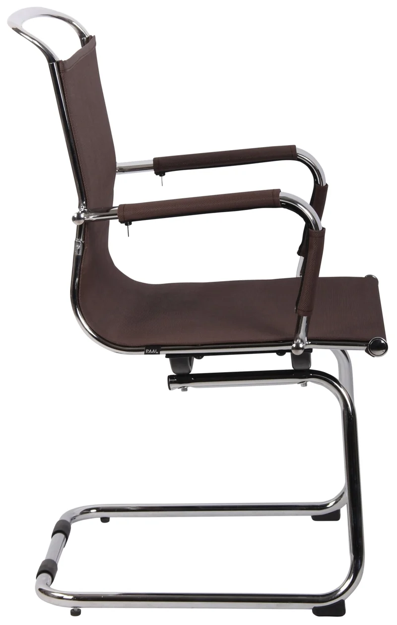 Chaise fauteuil de bureau sans roulettes piétement luge en métal chromé assise en tissu maille marron 10_0003260