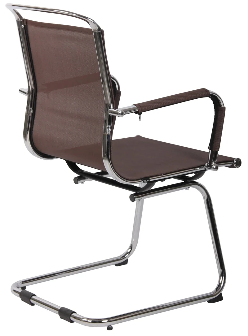 Chaise fauteuil de bureau sans roulettes piétement luge en métal chromé assise en tissu maille marron 10_0003260