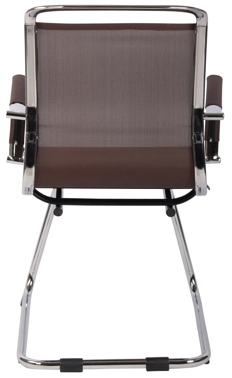 Chaise fauteuil de bureau sans roulettes piétement luge en métal chromé assise en tissu maille marron 10_0003260