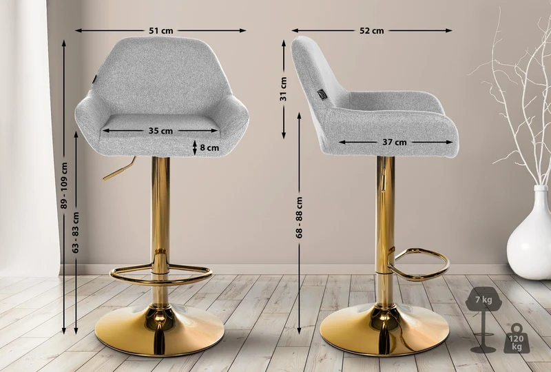 Lot de 2 tabourets de bar repose-pieds en forme d'arc en métal doré assise en tissu gris TDB10794