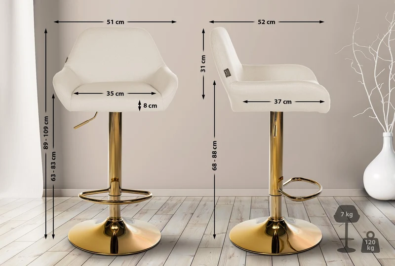 Lot de 2 tabourets de bar repose-pieds en forme d'arc en métal doré assise en tissu crème TDB10792