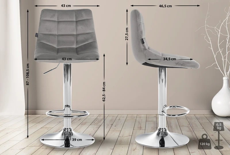 Lot de 2 tabourets de bar en velours gris base métal chromé réglable en hauteur et repose-pieds TDB10633