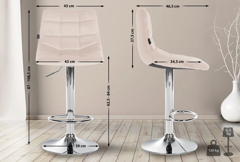 Lot de 2 tabourets de bar en velours beige base métal chromé réglable en hauteur et repose-pieds TDB10629