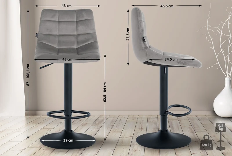 Lot de 2 tabourets de bar en velours gris base métal noir réglable en hauteur et repose-pieds TDB10627