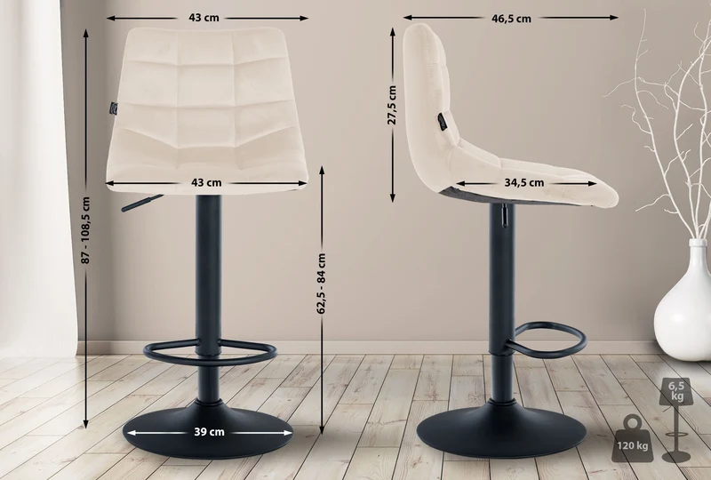 Lot de 2 tabourets de bar en velours crème base métal noir réglable en hauteur et repose-pieds TDB10625