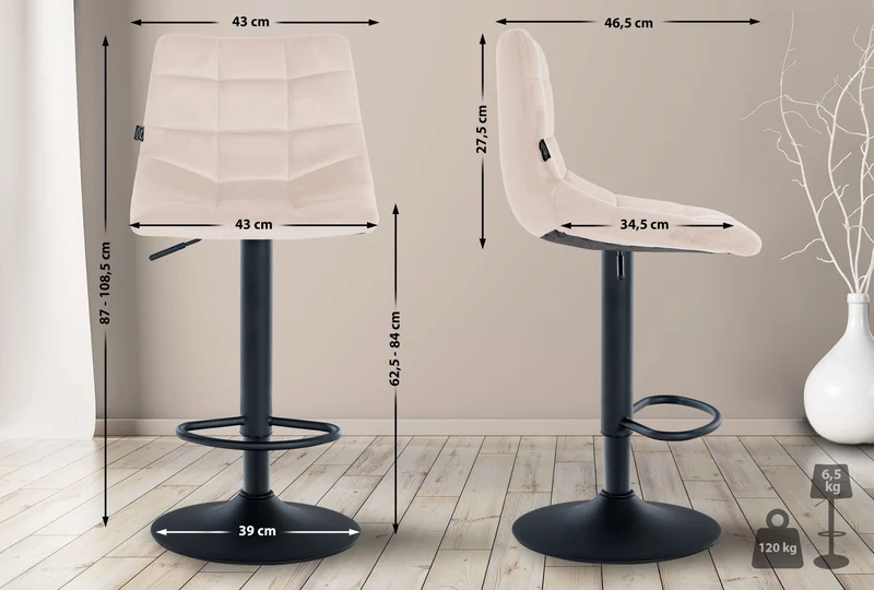 Lot de 2 tabourets de bar en velours beige base métal noir réglable en hauteur et repose-pieds TDB10623