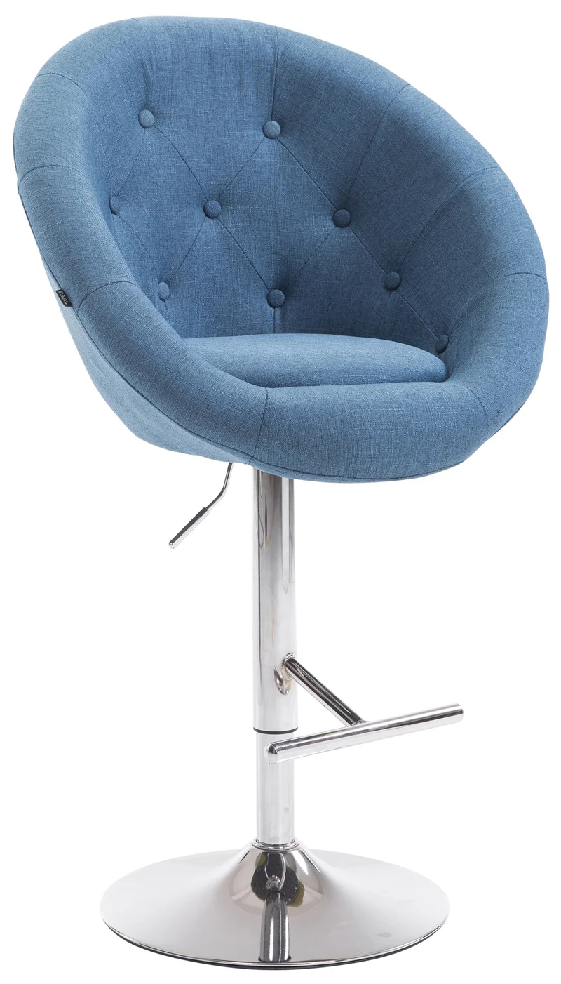 Tabouret de bar design moderne forme œuf capitonné avec repose-pieds en métal chromé tissu bleu TDB10332