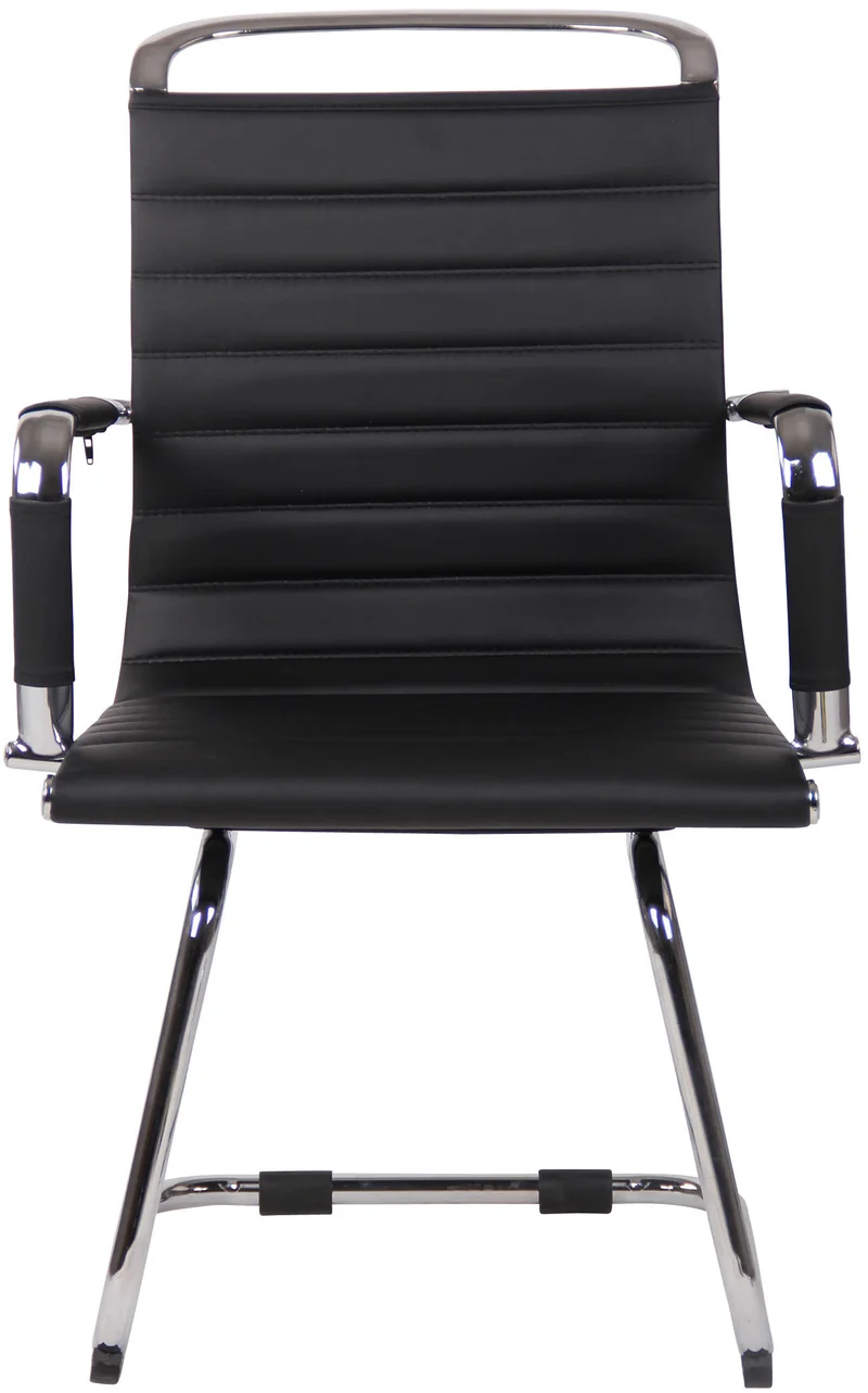 Chaise de bureau fauteuil sans roulettes piétement luge en métal chromé assise en PVC noir 10_0003258