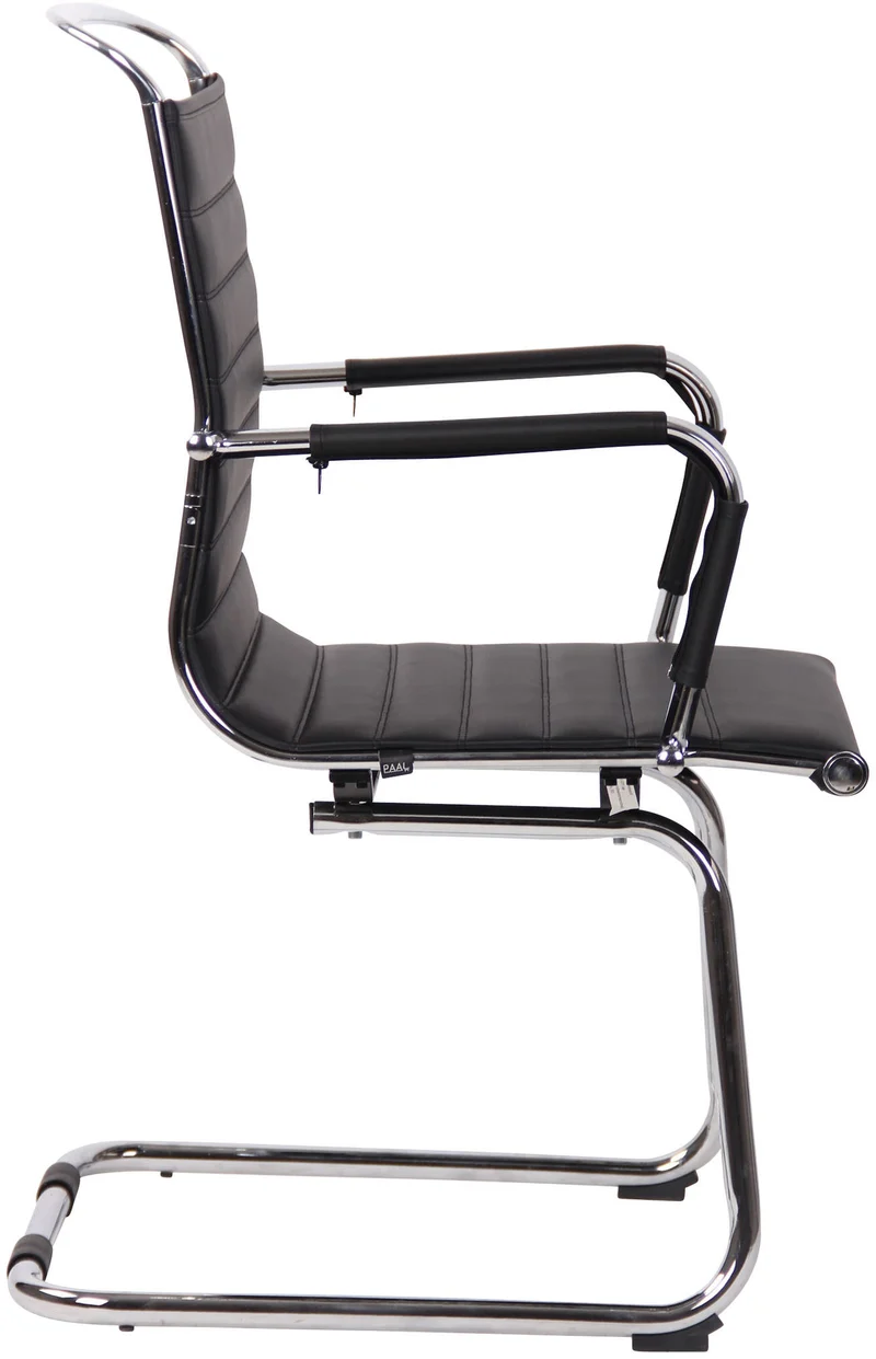 Chaise de bureau fauteuil sans roulettes piétement luge en métal chromé assise en PVC noir 10_0003258